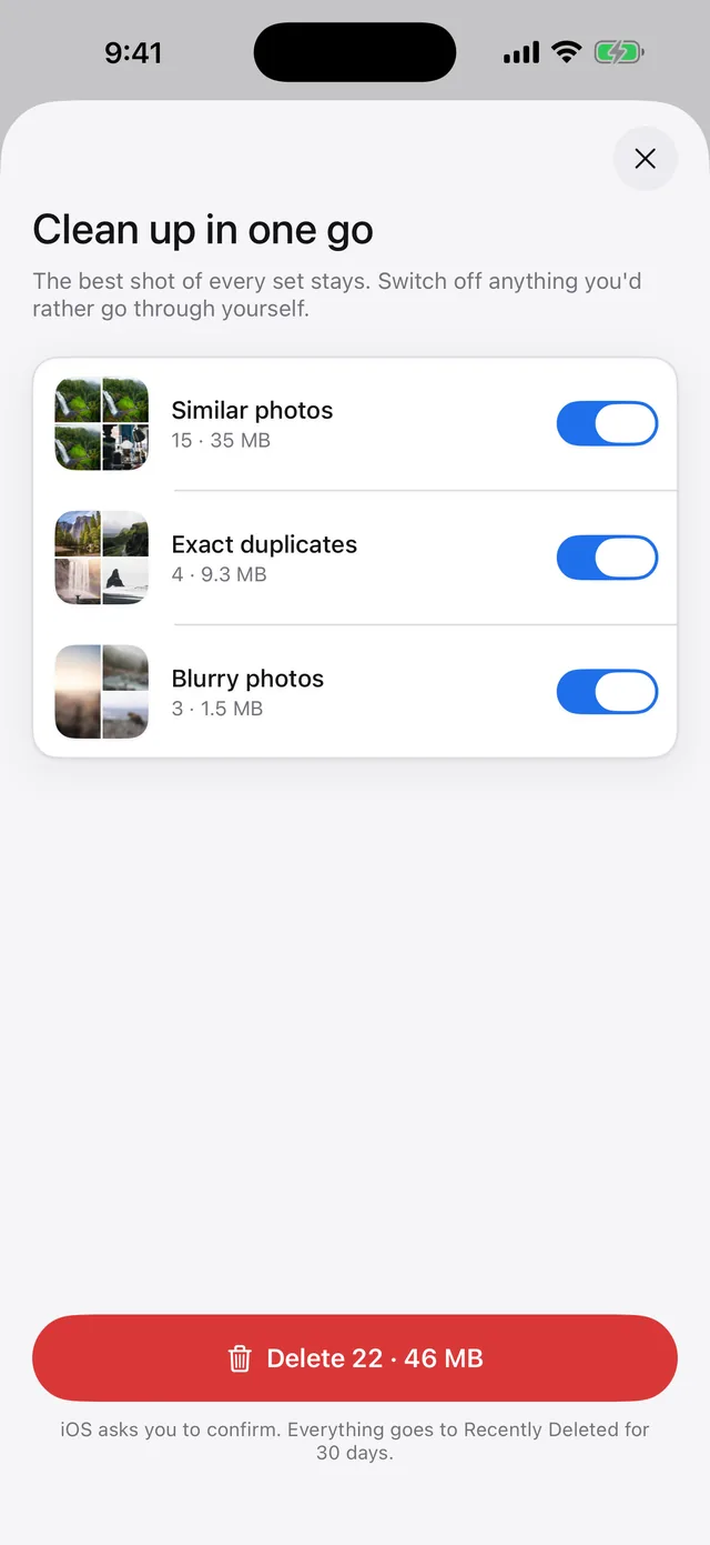 Tidyshots one-tap clean sheet with similar photos, duplicates and blurry photos switched on
